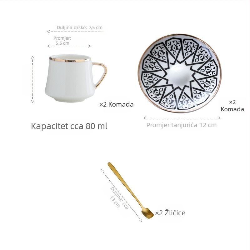 Set espreso šalice u turskom stilu s keramičkim šalicama i tanjurićima sa zlatnim obrubom, europski stil mali luksuz za poslijepodnevni čaj, blago defektan