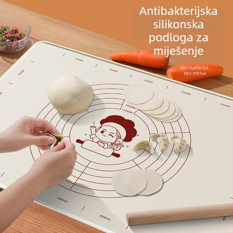 Silikonska podloga za miješenje tijesta, prehrambene kvalitete, povećane veličine i debljine, neprijanjajuća površina za razvlačenje tijesta, kućna upotreba.