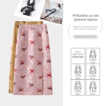 Ružičasta midi suknja s visokim strukom, bočni razdjeljak, otisak, novokineski stil, A-linija