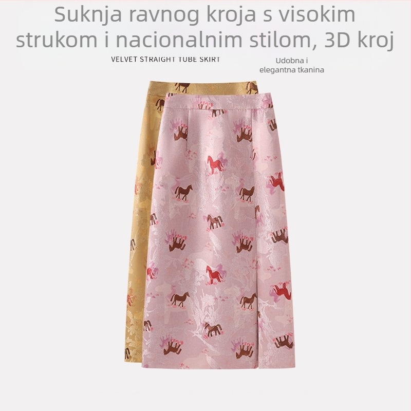 Ružičasta midi suknja s visokim strukom, bočni razdjeljak, otisak, novokineski stil, A-linija