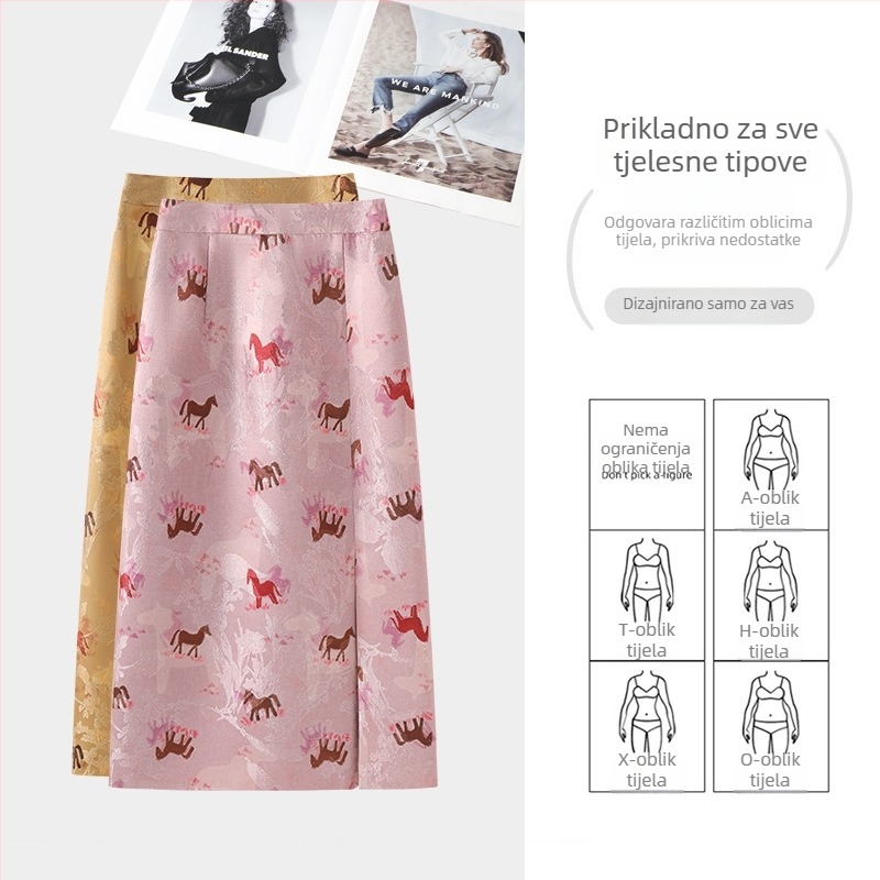 Ružičasta midi suknja s visokim strukom, bočni razdjeljak, otisak, novokineski stil, A-linija