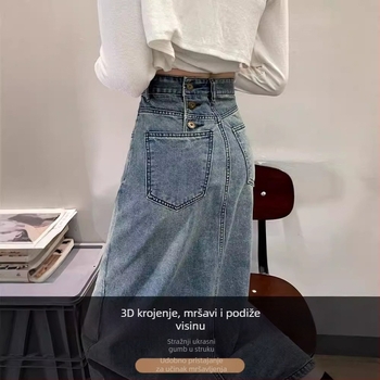 Ženska traper suknja s visokim strukom, vintage stil, plavo isprano denim, jesen 2023, tri gumba i otvor sa šlicom