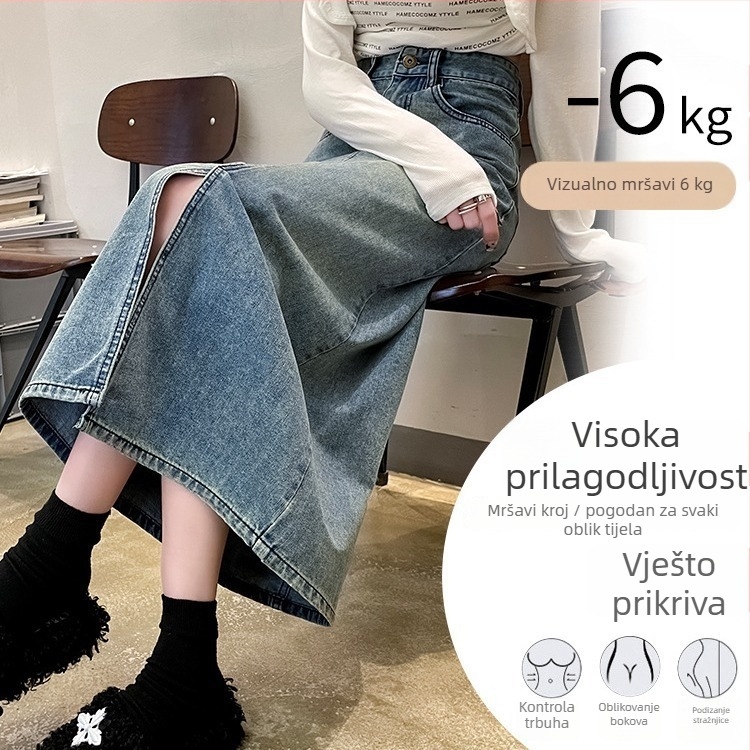 Ženska traper suknja s visokim strukom, vintage stil, plavo isprano denim, jesen 2023, tri gumba i otvor sa šlicom