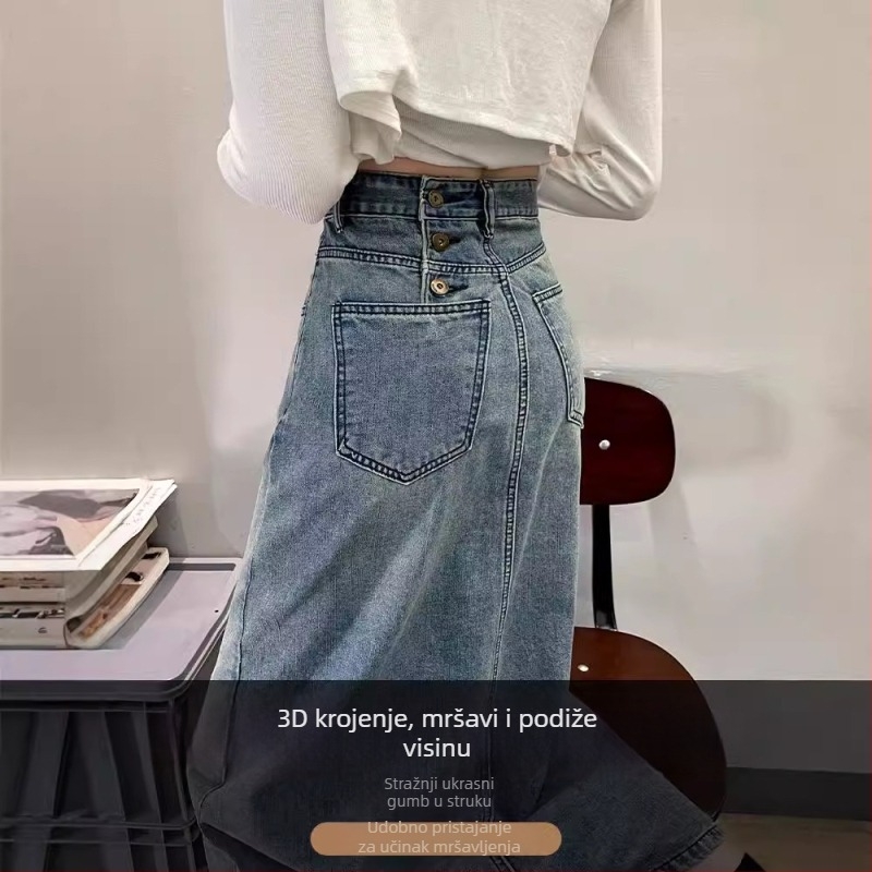 Ženska traper suknja s visokim strukom, vintage stil, plavo isprano denim, jesen 2023, tri gumba i otvor sa šlicom