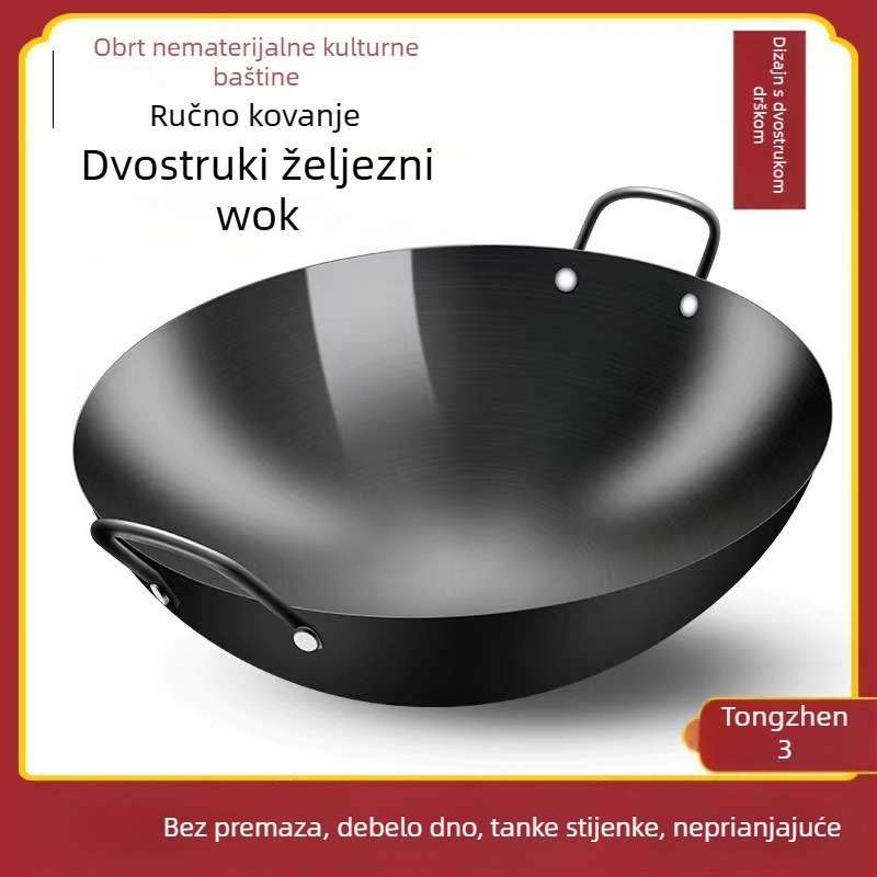 Zhangqiu ručno izrađeni dvoručni željezni wok, velik, nelepiv, bez premaza, pogodan za plinsku ploču, tradicionalna kućna upotreba