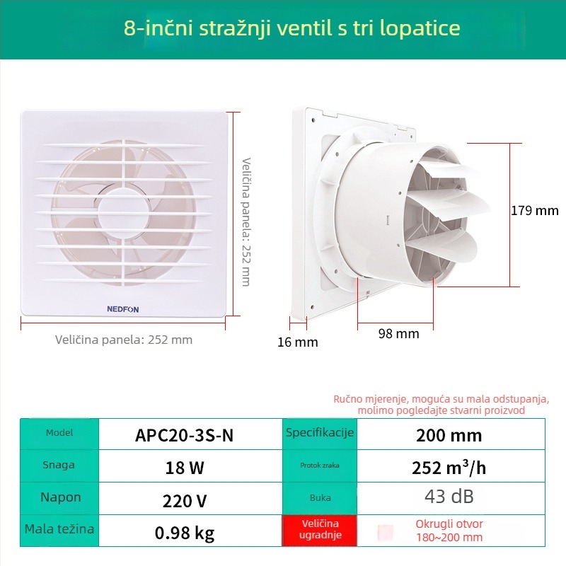 Ventilator za kupaonicu Green Island Wind, zidni/prozorski montažni, APC20-3S-N
