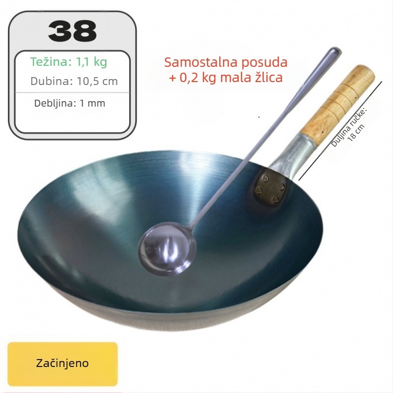 Wok od kovanog željeza bez premaza, namijenjen komercijalnoj uporabi, lagan i tanak, za prženje riže.