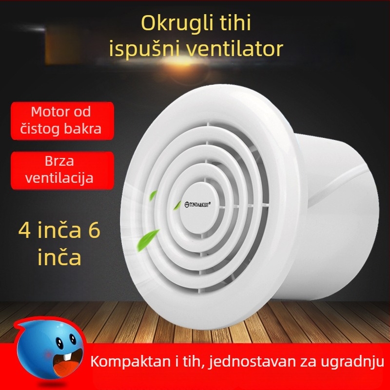 Ventilator za kupaonicu, kružnog oblika, zidni i stropni montažni, snažan i tih, promjer 4 inča