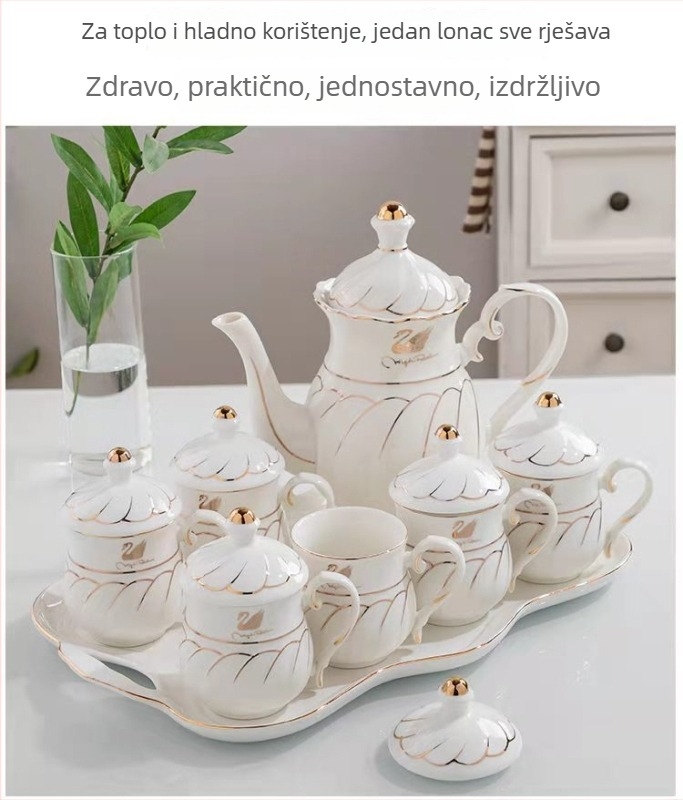 Žuto-glazirani keramički set za čaj i vodu s pozlaćenjem, prenosni, 7-dijelni poklon paket