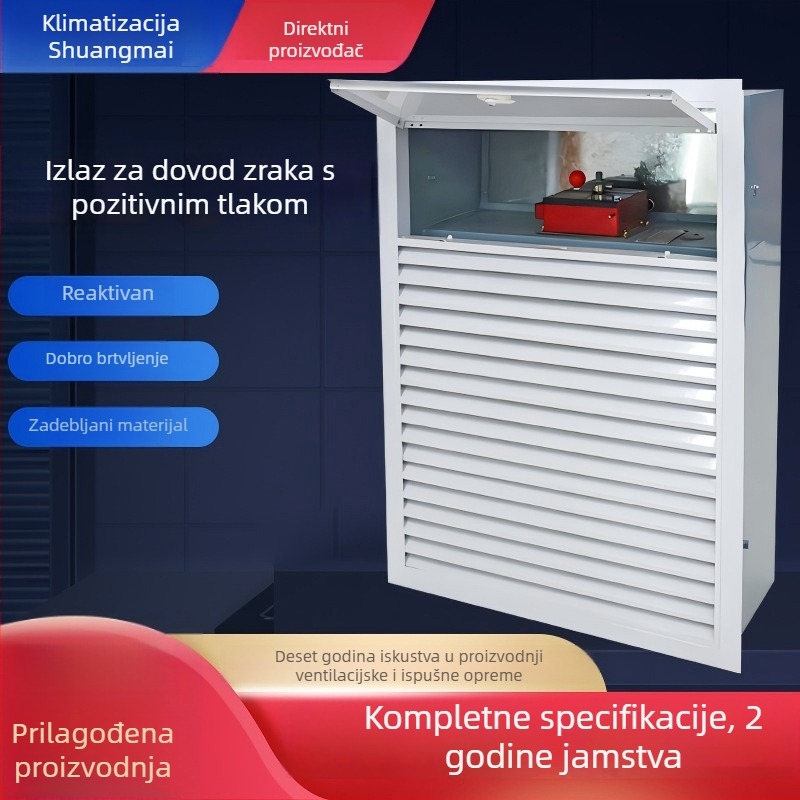 Ventil za napajanje zraka pozitivnim tlakom od galvaniziranog lima, s 3C certifikatom, električno upravljan, normalno zatvoren, otporan na 280°C, namijenjen protupožarnoj zaštiti u predvorju stubišta