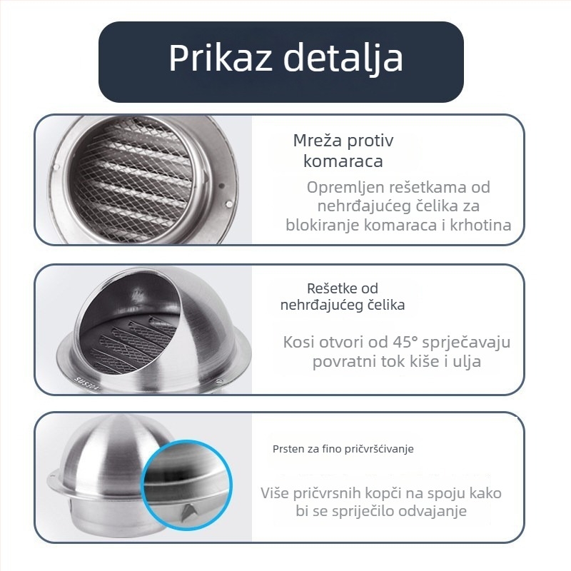 Vanjska kapica za ventilaciju od nehrđajućeg čelika s kišnom zaštitom i mrežom protiv komaraca