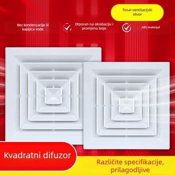 Kvadratni difuzor za središnju klimatizaciju, stropni izlaz zraka, ABS i aluminijska legura