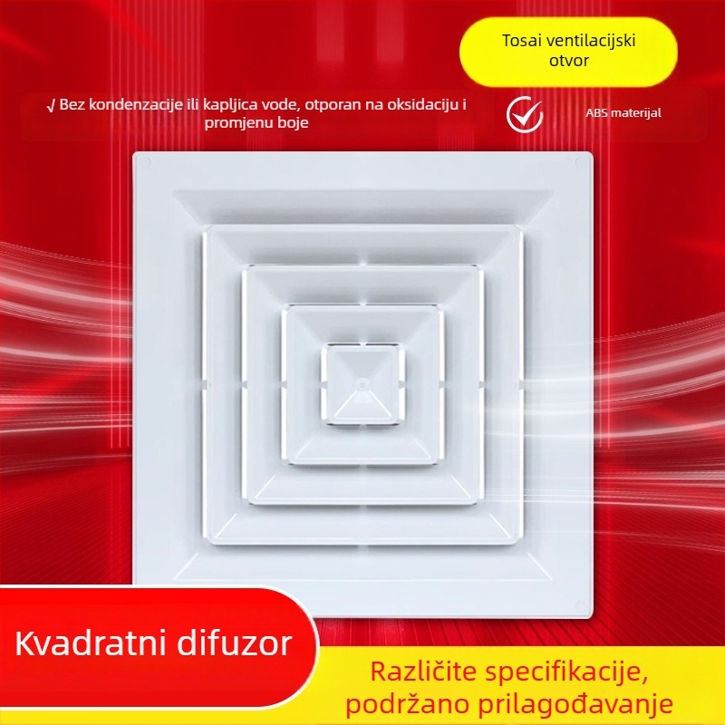Kvadratni difuzor za središnju klimatizaciju, stropni izlaz zraka, ABS i aluminijska legura