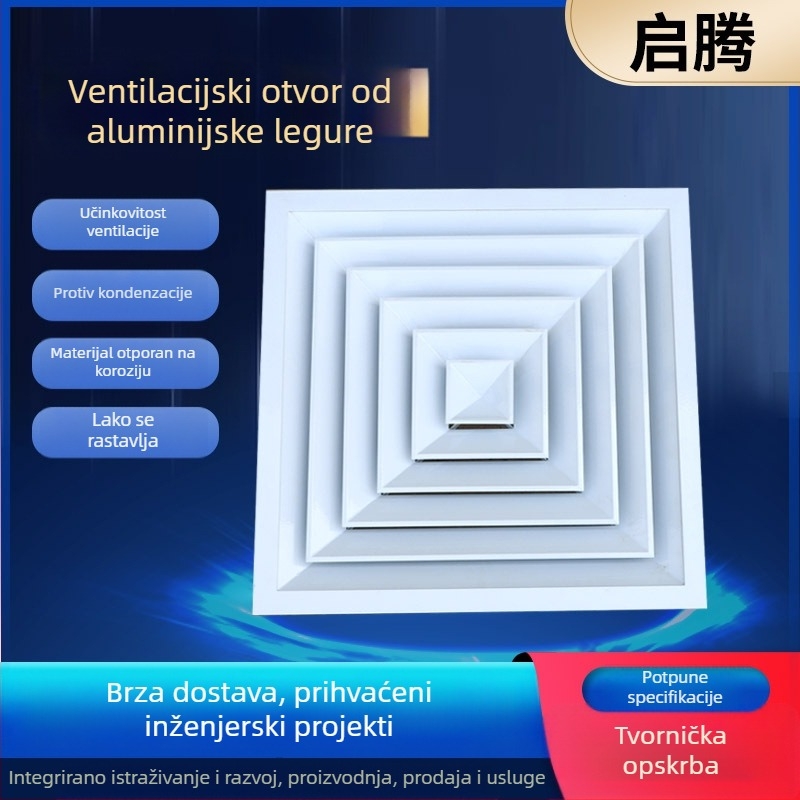 Premazani aluminijski spoj za ventilacijske cijevi, jednostrani i dvostrani lamelni izlaz, kvadratni difuzor