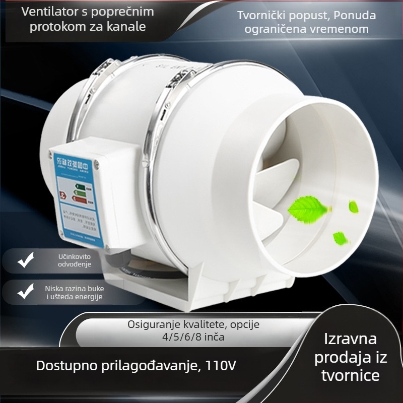 Kanalski ventilator s visokim pojačanjem protoka zraka, promjera 6, 4 i 8 inča, ventilator za kuhinju i kupaonicu, nagib protoka