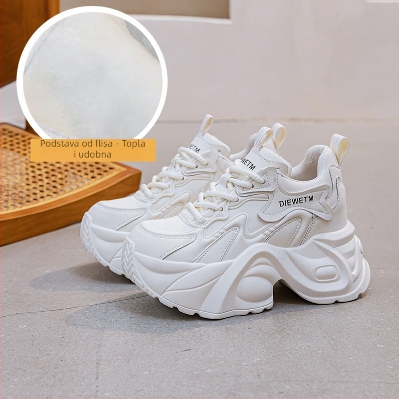 Ženske tenisice u stilu dad shoes, 10 cm platforma, jesen 2026, bijele tenisice s vezicama i debelim potplatom