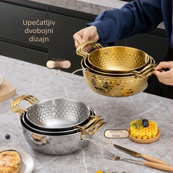 Nehrđajući lonac za ramen s udubljenom teksturom, zlatne boje, kućni mali višefunkcionalni lonac s poklopcem i dvije ručke