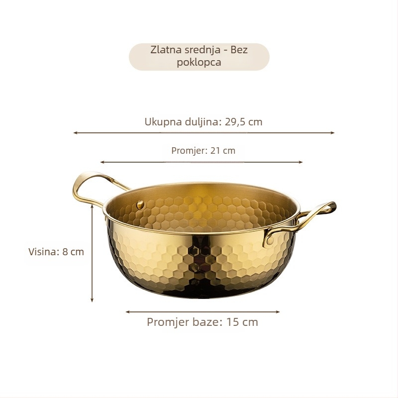 Nehrđajući lonac za ramen s udubljenom teksturom, zlatne boje, kućni mali višefunkcionalni lonac s poklopcem i dvije ručke
