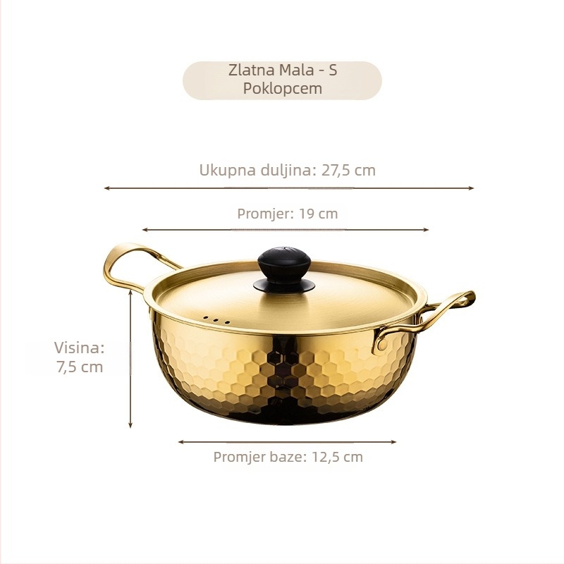 Nehrđajući lonac za ramen s udubljenom teksturom, zlatne boje, kućni mali višefunkcionalni lonac s poklopcem i dvije ručke