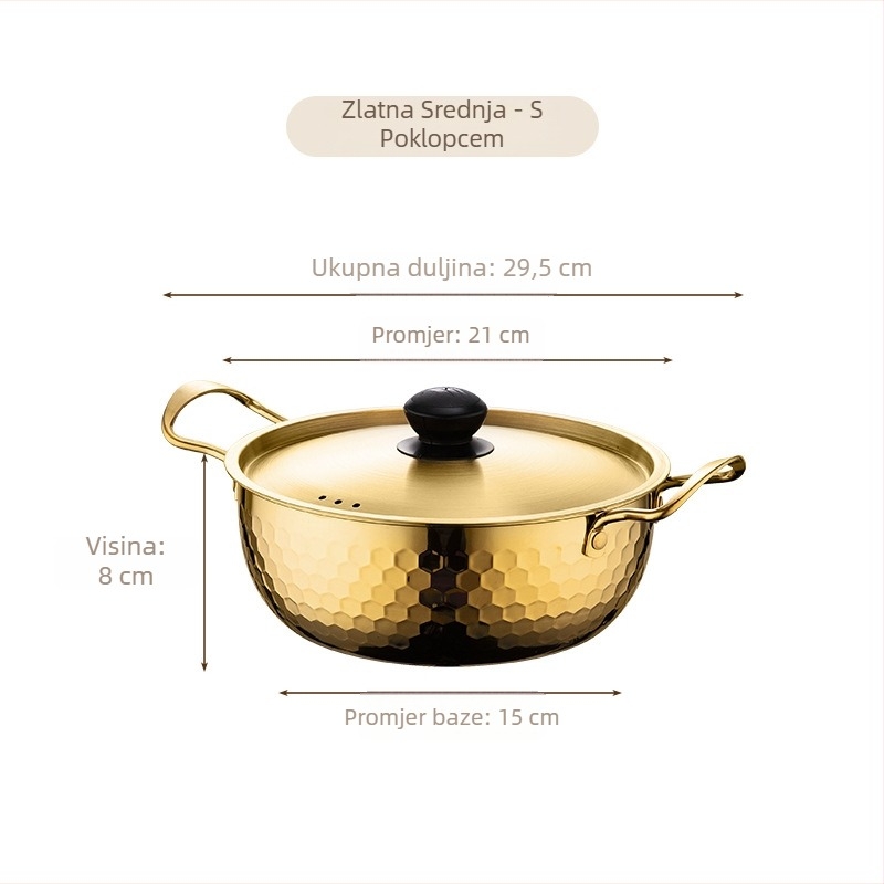 Nehrđajući lonac za ramen s udubljenom teksturom, zlatne boje, kućni mali višefunkcionalni lonac s poklopcem i dvije ručke
