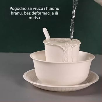 Set jednorazovih posuda od rižine ljuskice — četiri dijela, zdjele i štapići za jelo, kvaliteta hrane, za vruće posude, roštilj i kampiranje