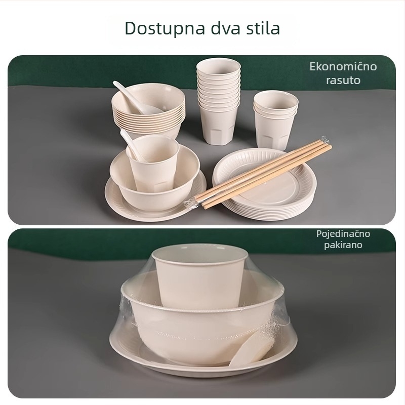 Set jednorazovih posuda od rižine ljuskice — četiri dijela, zdjele i štapići za jelo, kvaliteta hrane, za vruće posude, roštilj i kampiranje