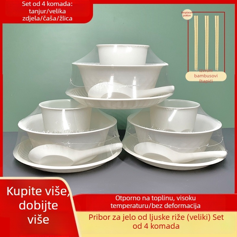 Set jednorazovih posuda od rižine ljuskice — četiri dijela, zdjele i štapići za jelo, kvaliteta hrane, za vruće posude, roštilj i kampiranje