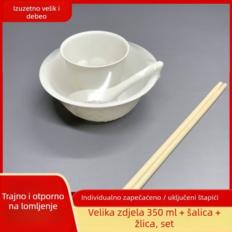 Set jednorazovih posuda od rižine ljuskice — četiri dijela, zdjele i štapići za jelo, kvaliteta hrane, za vruće posude, roštilj i kampiranje