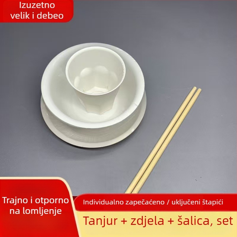 Set jednorazovih posuda od rižine ljuskice — četiri dijela, zdjele i štapići za jelo, kvaliteta hrane, za vruće posude, roštilj i kampiranje