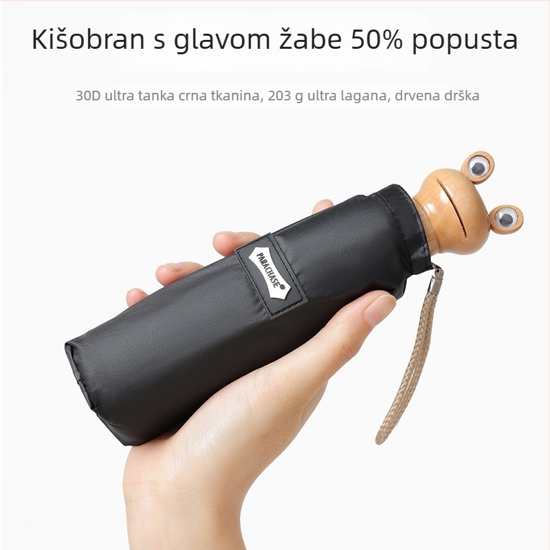 PARACHASE Frog Head petdijelni kišobran, 30D ultra lagani, ženski kišobran za sunce, crna prevlaka UV zaštita, otporan na vjetar i kišu