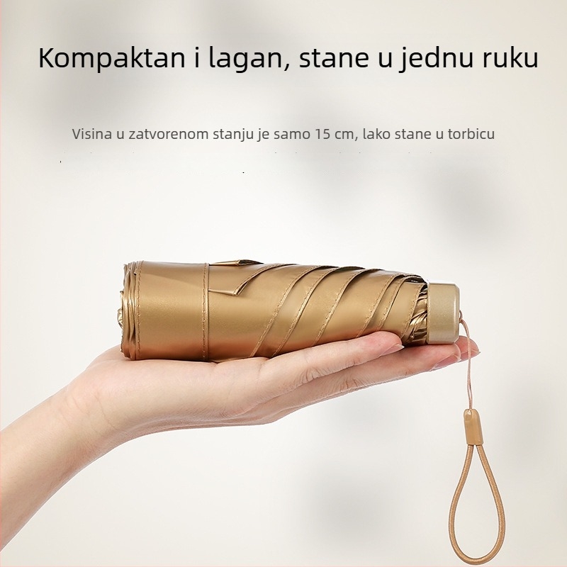 Lagani luksuzni retro kišobran za sunce, kompaktan džepni dizajn, 6 krakova, 5-dijelni sklop, UV zaštita UPF50+