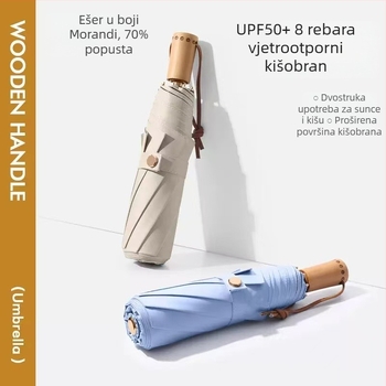 Osmokrilni kišobran od masivnog drveta s UV zaštitom — sklopivi kišobran za sunce i kišu, prilagodljiv