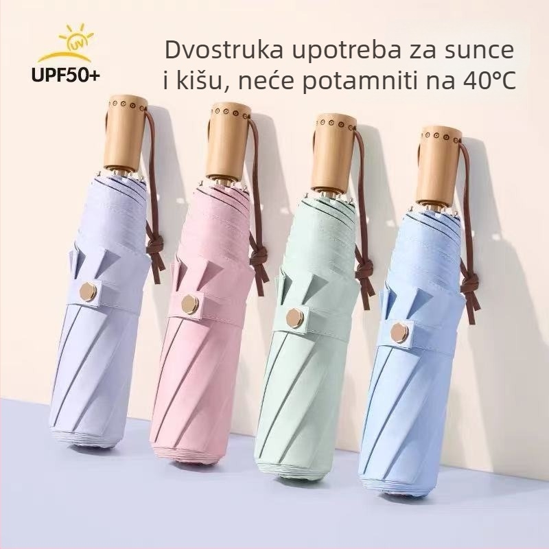 Osmokrilni kišobran od masivnog drveta s UV zaštitom — sklopivi kišobran za sunce i kišu, prilagodljiv
