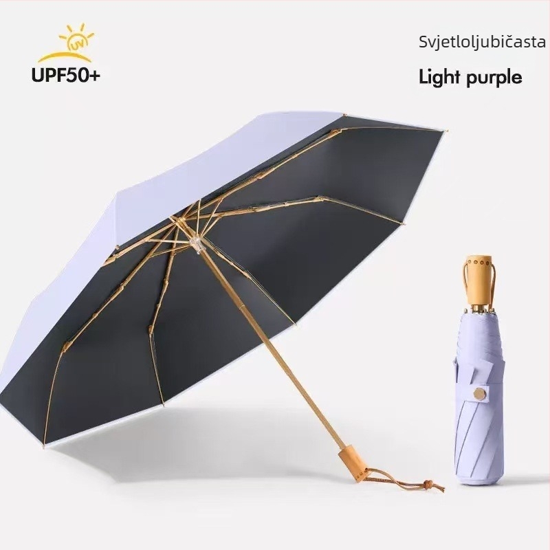 Osmokrilni kišobran od masivnog drveta s UV zaštitom — sklopivi kišobran za sunce i kišu, prilagodljiv