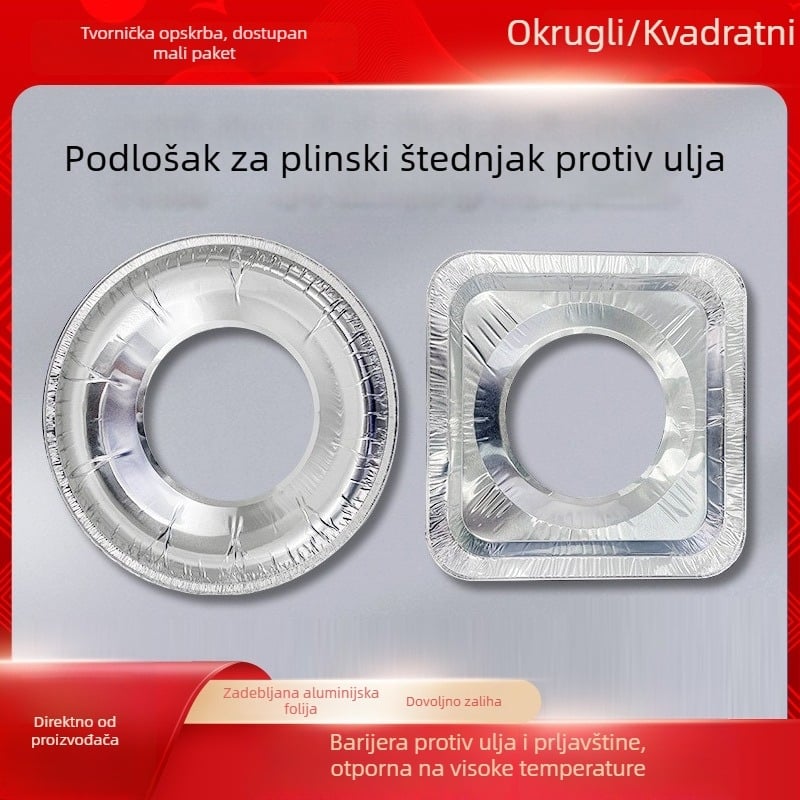 Kružna podloga od aluminijske folije za plinski štednjak, otporna na masnoće i mrlje, promjer 23 cm, debljina 50 mm.