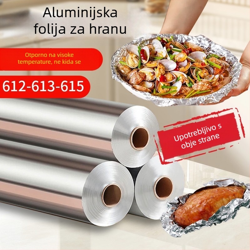 Debeljena aluminijska folija za roštilj, otporna na visoke temperature, hotelska/komercijalna uporaba, ekstra duga rola za pečenje piletine i školjki.
