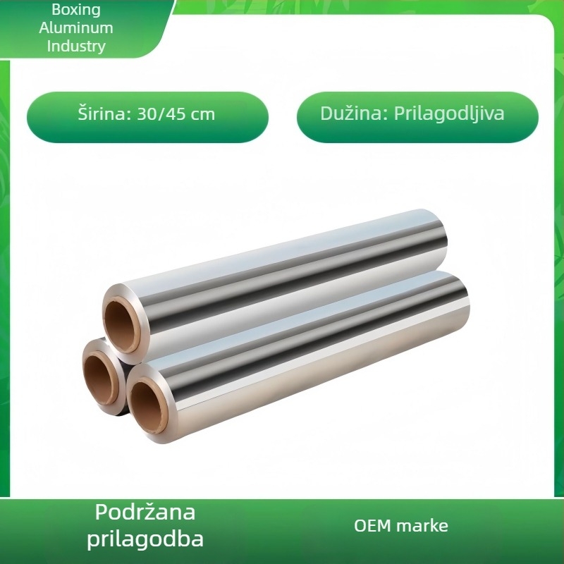 Aluminijska folija za hranu – male role za kućnu upotrebu, pogodne za roštilj, pećnicu i pečenje mesa, otporne na visoke temperature, namijenjene morskim plodovima i rižinim rezancima.