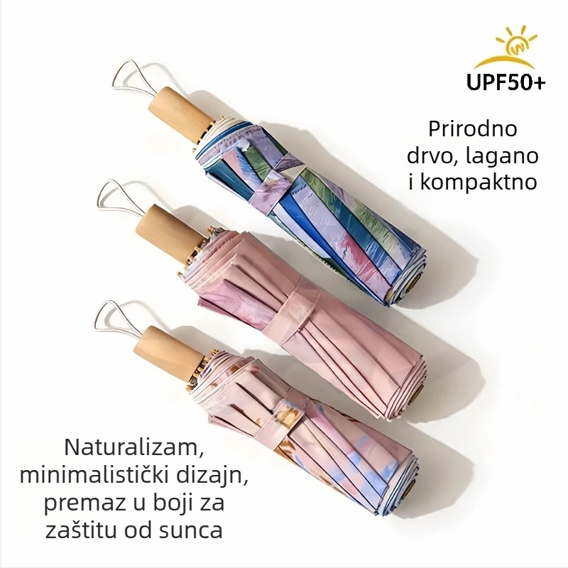Šarena vintage kišobran za sunce, trodijelni sklopivi dizajn, UV zaštita UPF50+, 12 rebara, čelični okvir, za odrasle