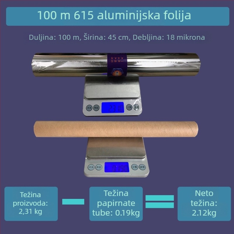 Aluminijska folija za hranu, 18 mm, 100 m × 45 cm, otporna na visoke temperature, jednokratna upotreba