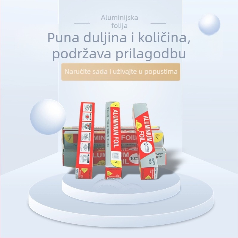 Aluminijska folija za pečenje i roštilj, dostupna u veličinama 5 m × 30 cm, 10 m × 30 cm i 20 m × 30 cm.