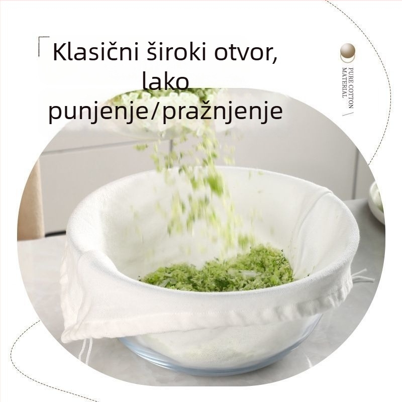 Lis za otjecanje vode iz nadjeva za knedle, vrećica za nadjev od povrća, vrećica za filtriranje sojinog mlijeka, filter i cedilo za čaj, pres za dehidraciju povrća