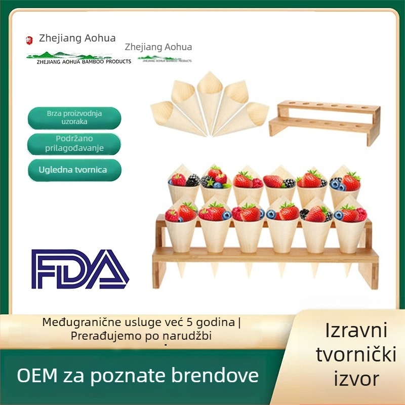 Drveni konični stalak za hranu, 12 rupa, vintage stil, jednokratna upotreba, paket 100 komada