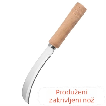 Nerđajući čelik nož za voće s produženom drvenom drškom, zakrivljena oštrica, tri u jedan: guljenje voća i povrća te rezanje