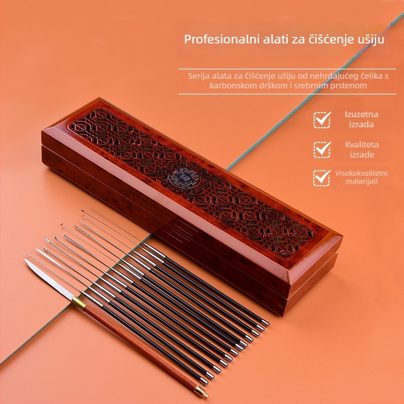 Profesionalni set alata za čišćenje uha od karbonskog čelika – žlica za uho, nož oblaka, ušna kuka, glava gljive, štapići od vate, ušni kukić