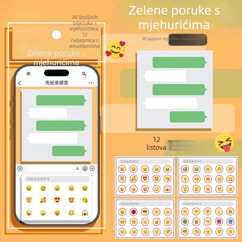 Zeleni blok bilješki s emoji naljepnicama za chat i odvojivim bilješkama za nastavu
