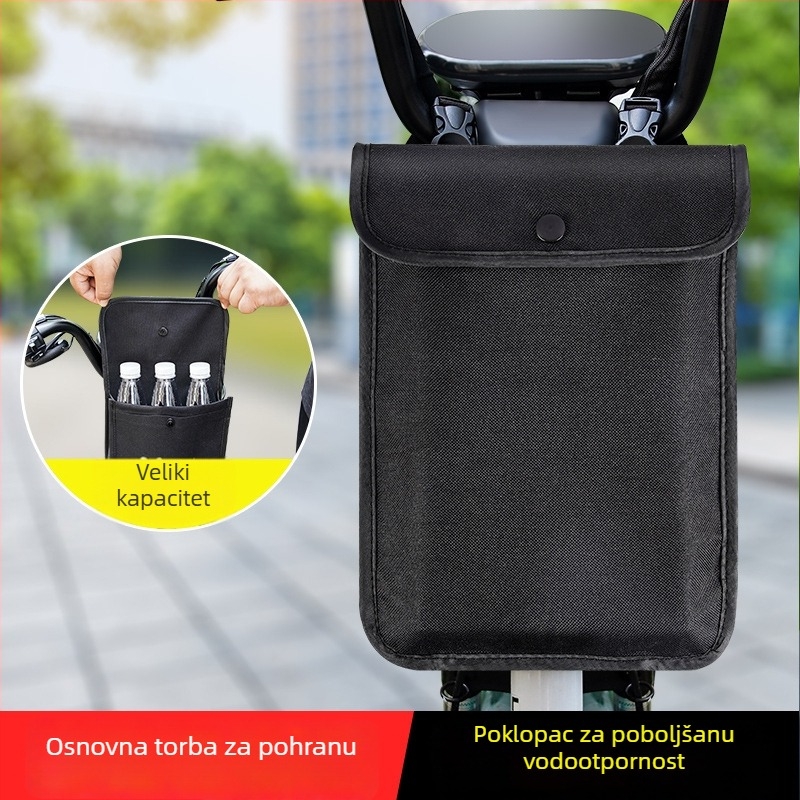Vodootporna PVC torbica za bicikl s prednjim i stražnjim spremištem, za punjač električnog bicikla, kapacitet oko 8 litara.