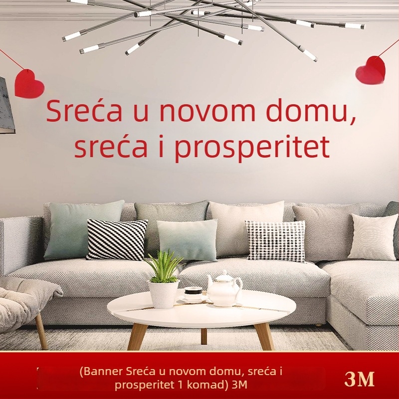 Dekoracije za preseljenje u novi dom: ukras za dnevni boravak, dvojveršne natpisi i trake sa zastavicama
