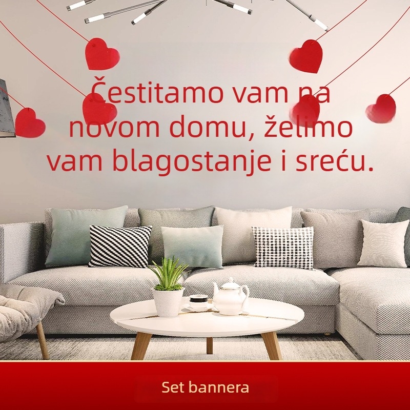 Dekoracije za preseljenje u novi dom: ukras za dnevni boravak, dvojveršne natpisi i trake sa zastavicama
