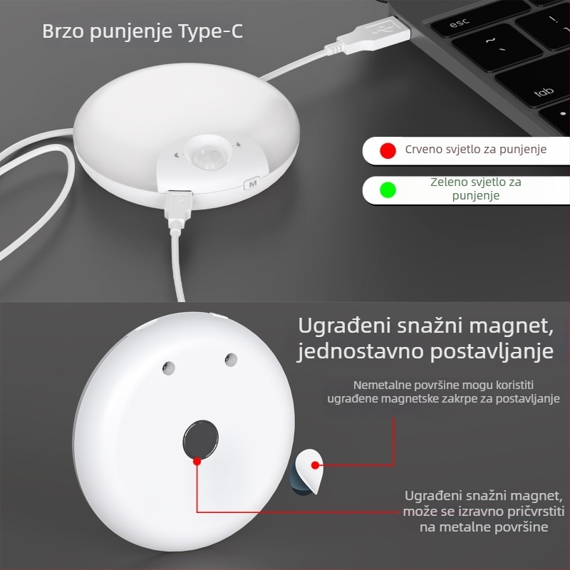 Bežično pametno LED noćno svjetlo sa senzorom pokreta, za noćni ormarić, kupaonicu, hodnik i garderobu, kompaktnog i punjivog