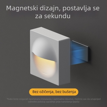 Bežični zidni svjetiljka s detekcijom pokreta, ugrađena baterija, PVC sjenilo, kompaktne dimenzije 8,4 × 8,4 × 3,6 cm, za hodnike i stepenice.